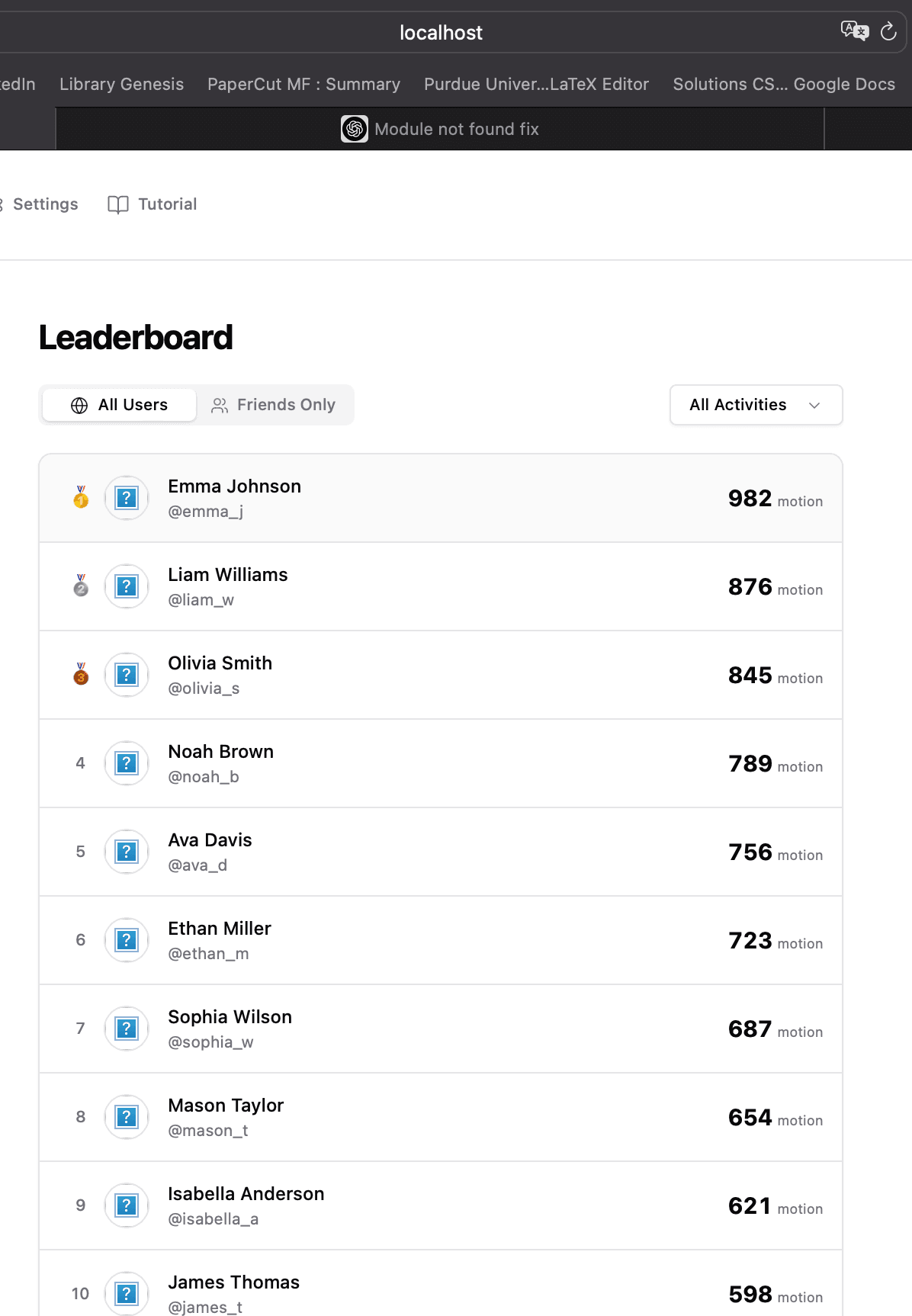 Leaderboard and tracking interface